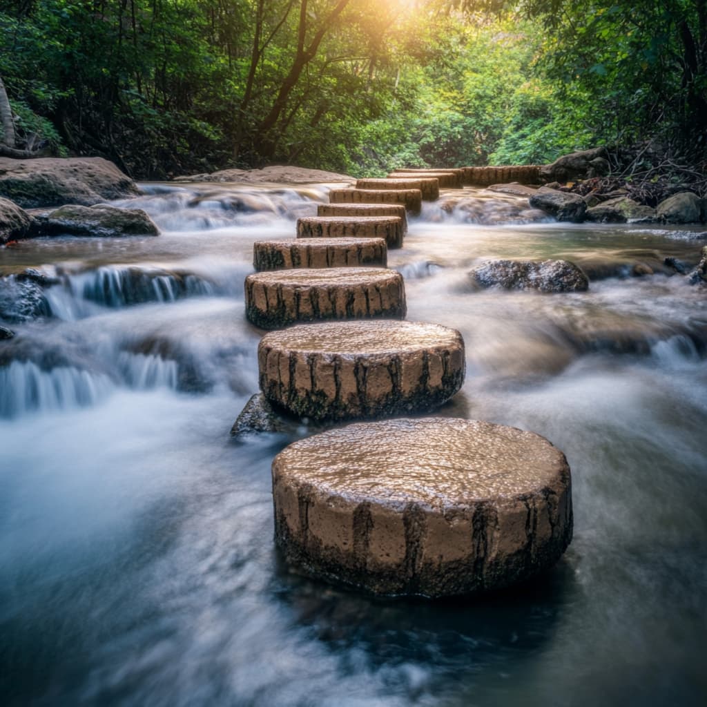A series of stepping stones across a stream, each stone representing a milestone in someone's mental health journey. AI generated