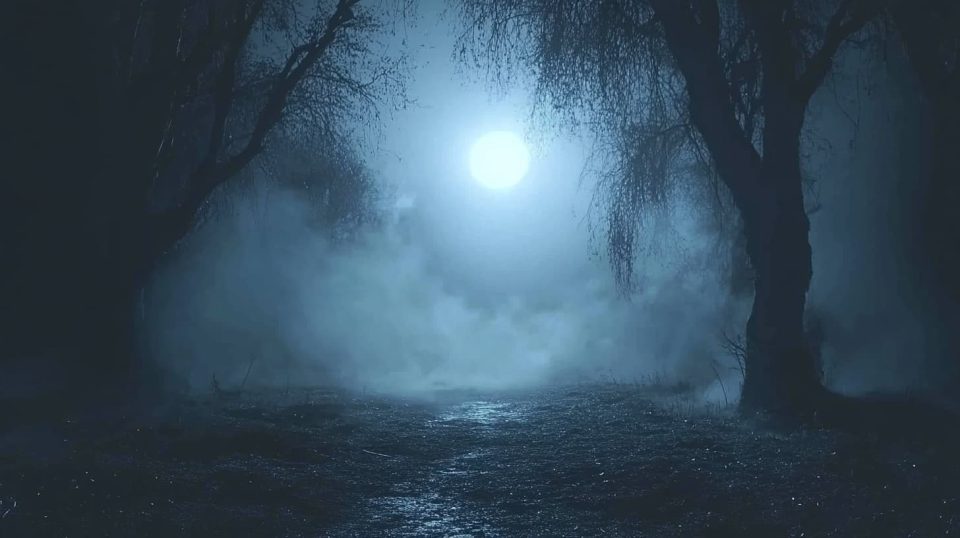 A shadowy forest path illuminated by moonlight, with dense trees and an eerie, distant figure barely visible. ai generated