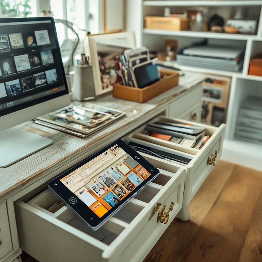 A modern, well-organized home office with smart storage solutions, featuring digital devices like a tablet and a phone displaying organization apps. ai generated