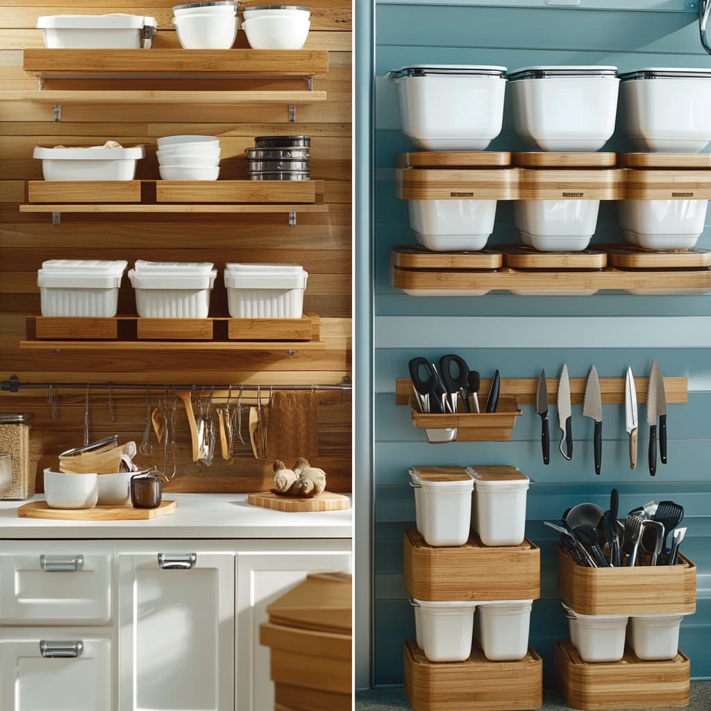 A side-by-side comparison of two rooms a small kitchen with space-saving vertical storage solutions like hanging shelves and pantry organizer. ai generated