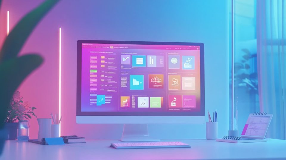 A sleek, minimalist office featuring a large screen displaying a vibrant dashboard filled with icons, each representing different blog topics. ai generated