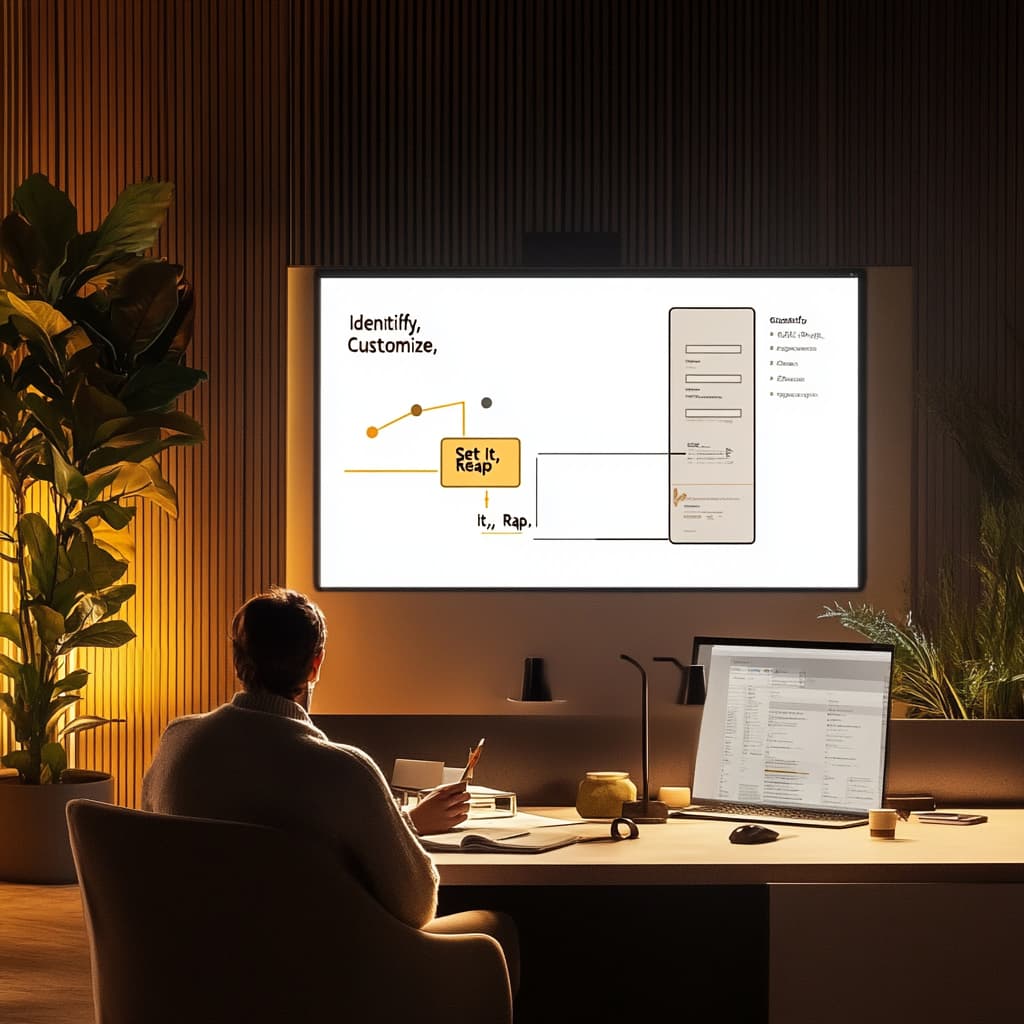 A sleek, minimalist office space with warm lighting and cozy furniture. ai generated
