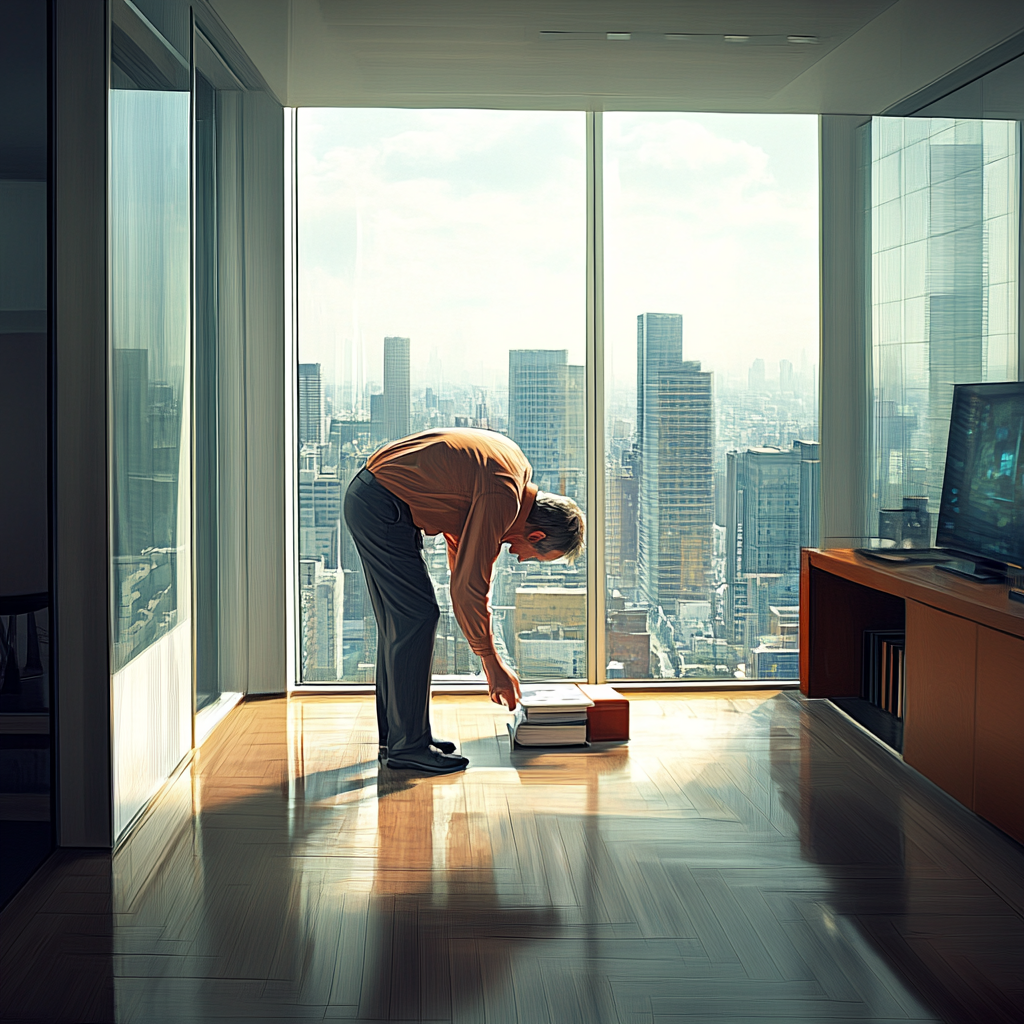 A sleek, sunlit modern office with floor-to-ceiling windows offering a panoramic city view. At the center, a middle-aged professional in smart casual attire leans forward, engrossed in a holographic display emanating from a next-gen transparent computer screen. - ai generated