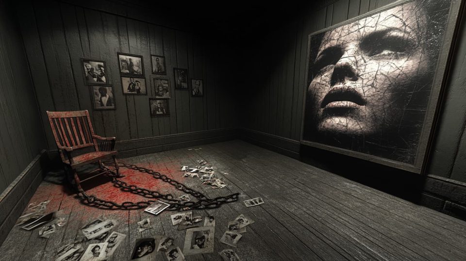 A small, dimly lit room with a cracked mirror on the wall. The reflection shows a faint figure that isn’t in the room itself. ai generated