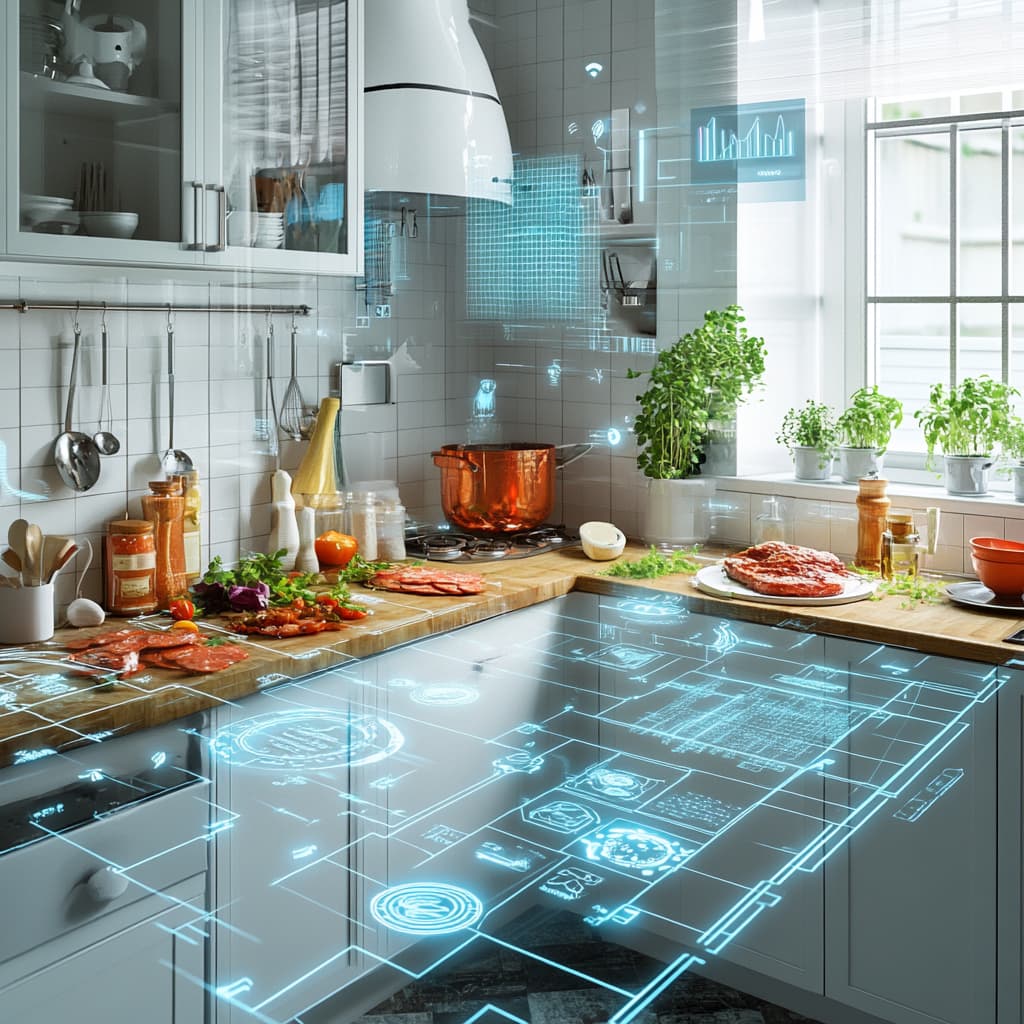 A smart kitchen where an AI chef is preparing meals that complement the user's workout routine. - ai generated