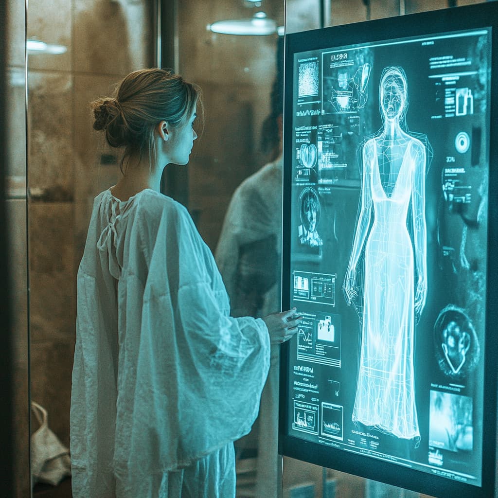 A smart mirror reflecting a person's image, but the reflection shows them protected by various insurance types . AI generated