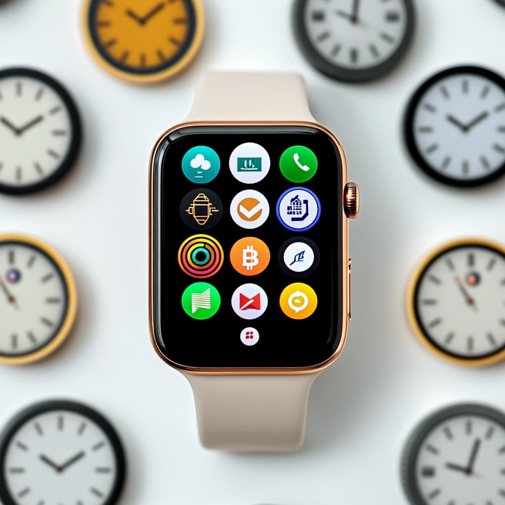 A smartwatch or mobile device screen displaying urgent crypto alerts and real-time price updates, with a background of clocks showing different time zones - AI generated