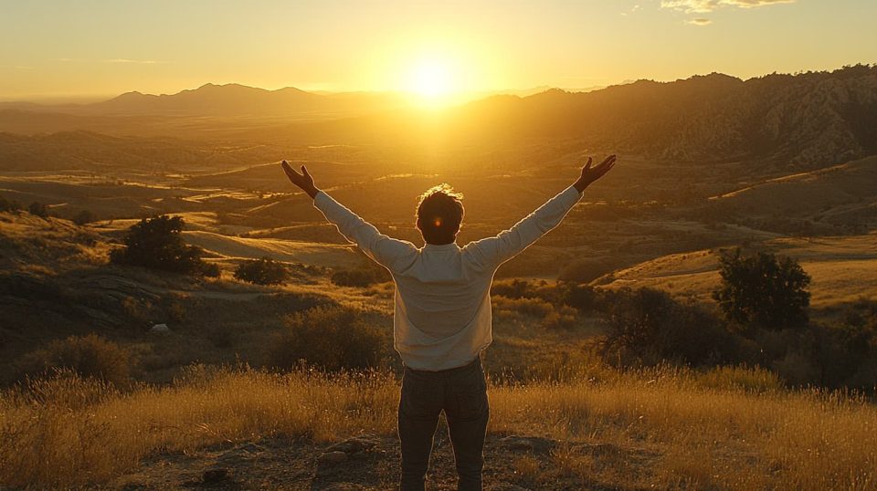 A smiling individual standing with arms raised in victory in a sunlit open field, symbolizing success and fulfillment. ai generated