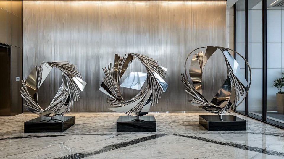 A sophisticated analytics space with three dimensional market trend sculptures rising from a marble floor. Abstract metal art pieces represent market segments and financial flows, with warm lighting highlighting key areas. ai generated