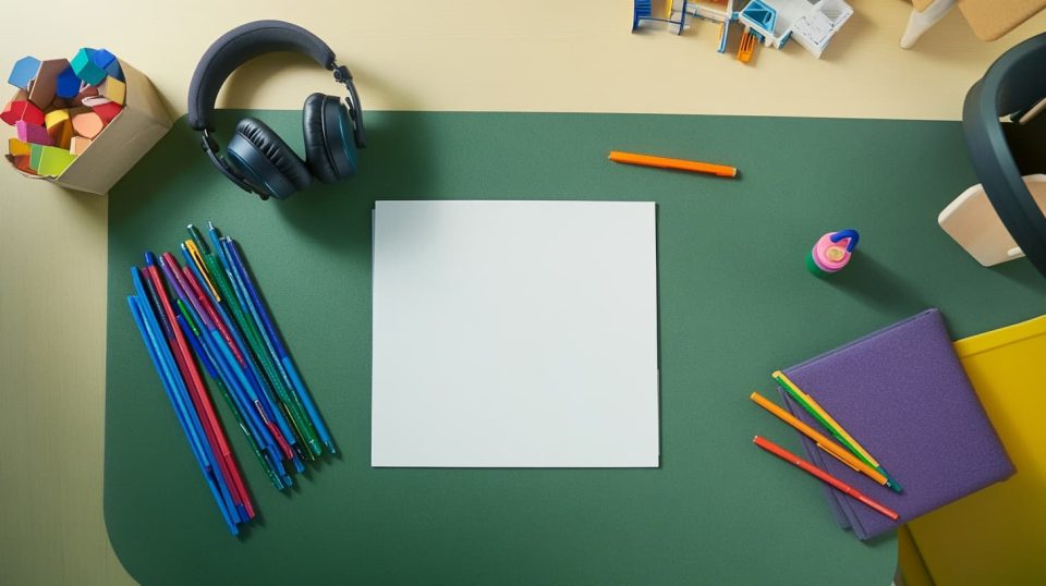 A spacious desk with three separate sections blank sheets of paper and colorful pens in one area. ai generated