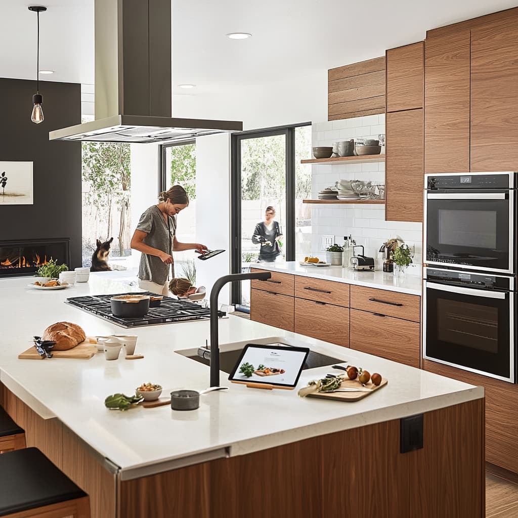 A spacious, minimalist kitchen with sleek countertops and modern decor. A parent is multitasking between cooking dinner and reviewing personas on a tablet propped up on the counter. ai generated