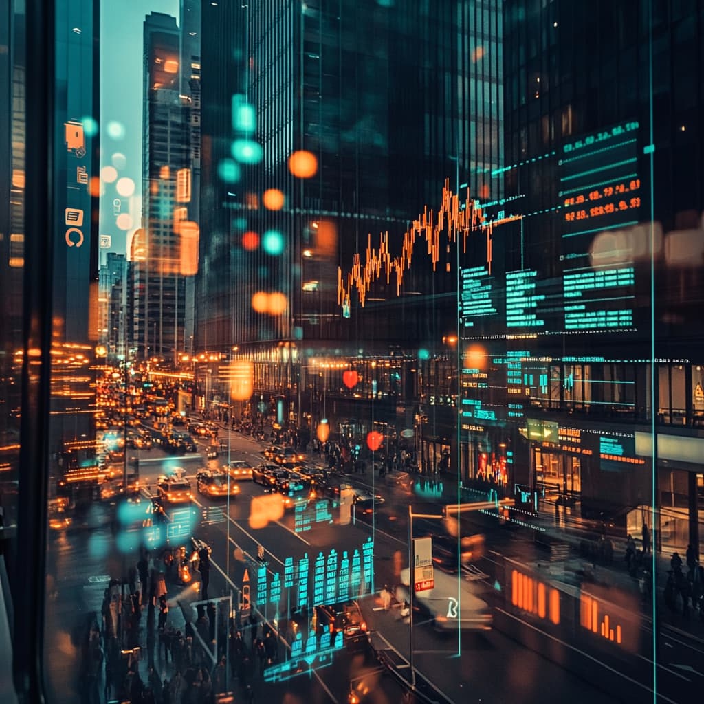 A split-screen image of a bustling city street and a digital stock market dashboard on a large wall . ai generated