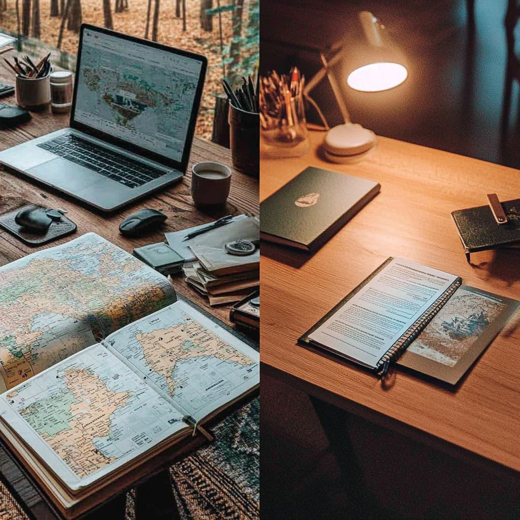A split-screen image showing two different planning styles one side with a traveler frantically surrounded by guidebooks, maps, and a messy desk, overwhelmed by the traditional planning process. ai generated