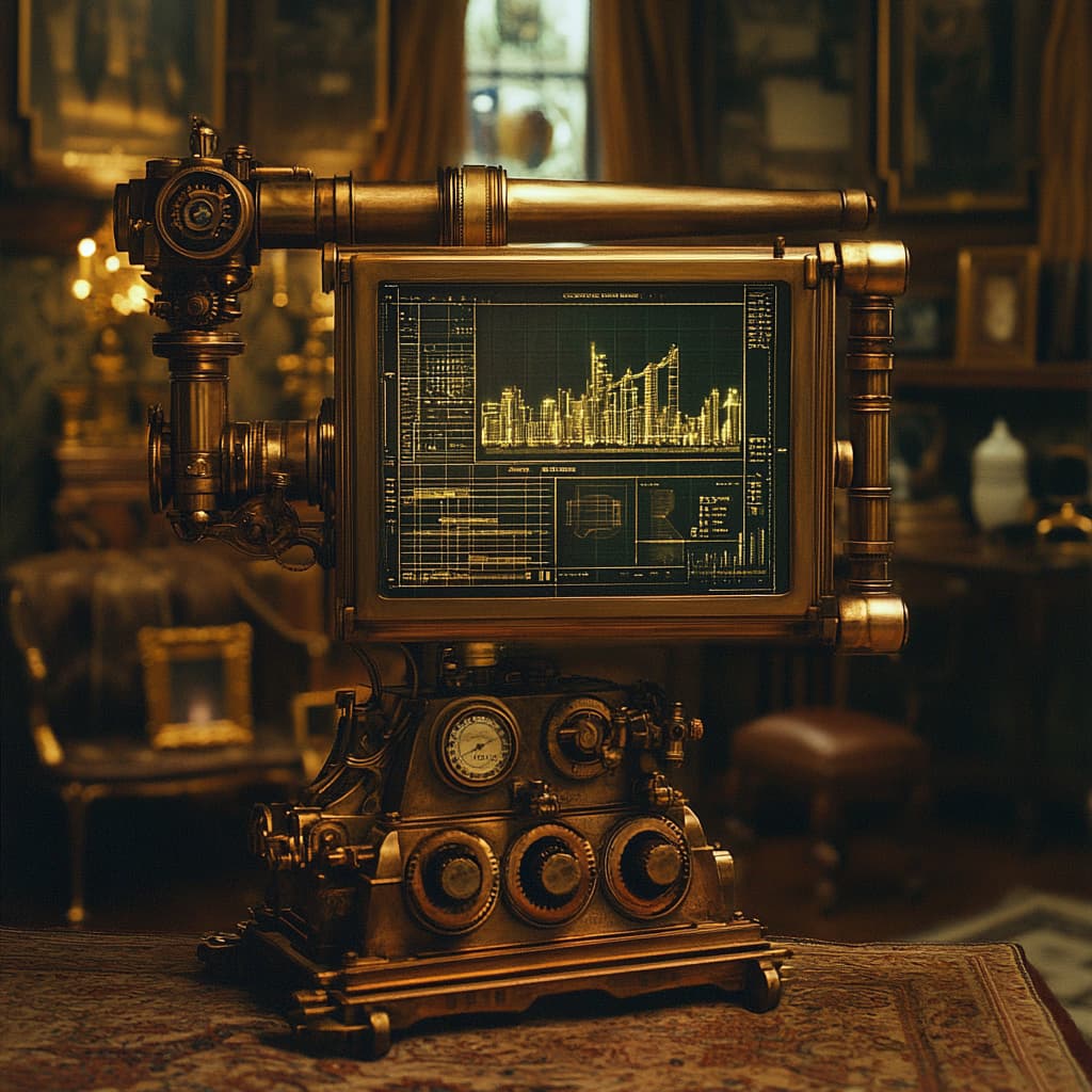 A steampunk-inspired time machine with a real estate twist. Brass gears and levers frame a central screen showing financial projections. - ai generated