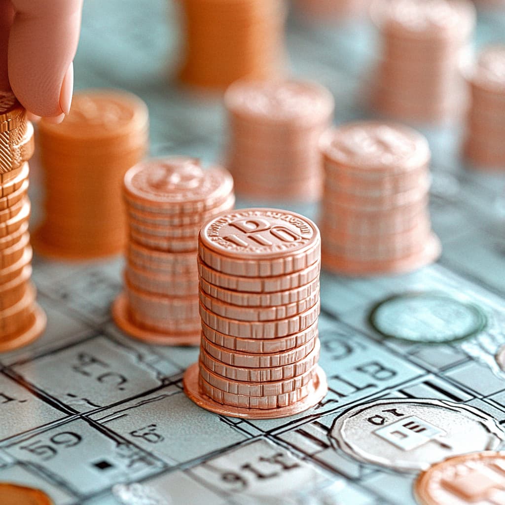A strategic board game layout where debt is represented by stacks of coins. An AI hand is moving pieces, showing different paths to debt reduction, with a scoreboard showing improving credit scores. - ai generated