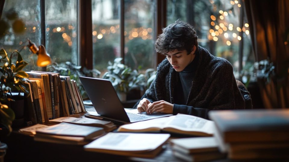 A student working at a cozy desk with a laptop, ai generated