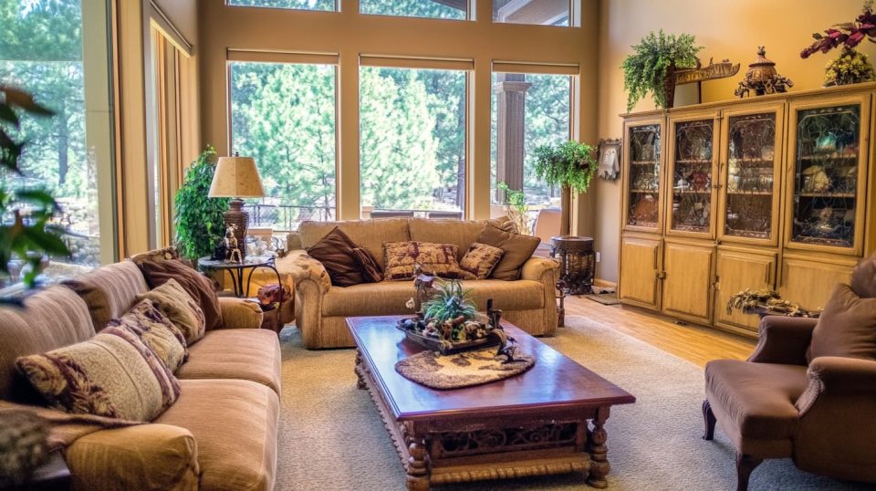 A sunlit living room with a cozy sofa set, a large window letting in natural light ai generated