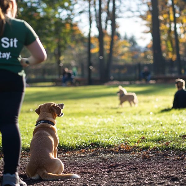 A sunny park where a pet owner is training their dog, using simple commands like sit and stay. ai generated