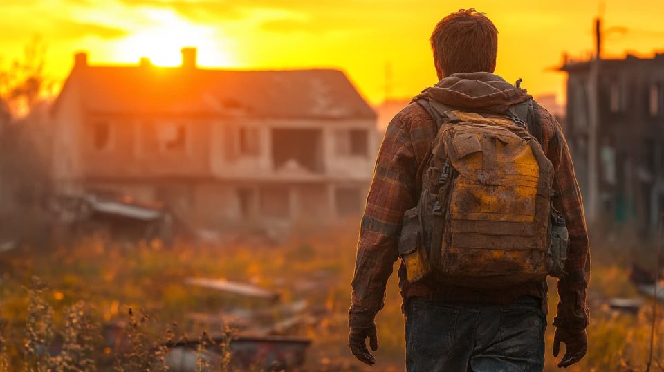A sunrise breaking through the mist, illuminating an abandoned house in the distance, with the silhouette of a lone survivor walking away. ai generated