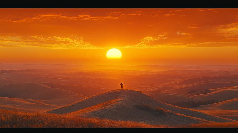 A sunrise view with a person standing on a hilltop, arms outstretched in celebration. ai generated