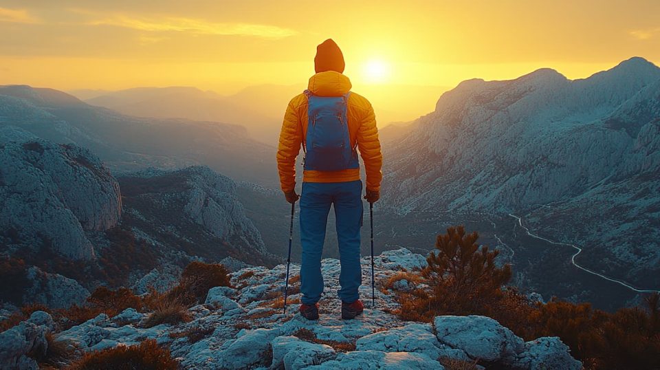 A sunset view of a hiker standing on a mountain peak. ai generated