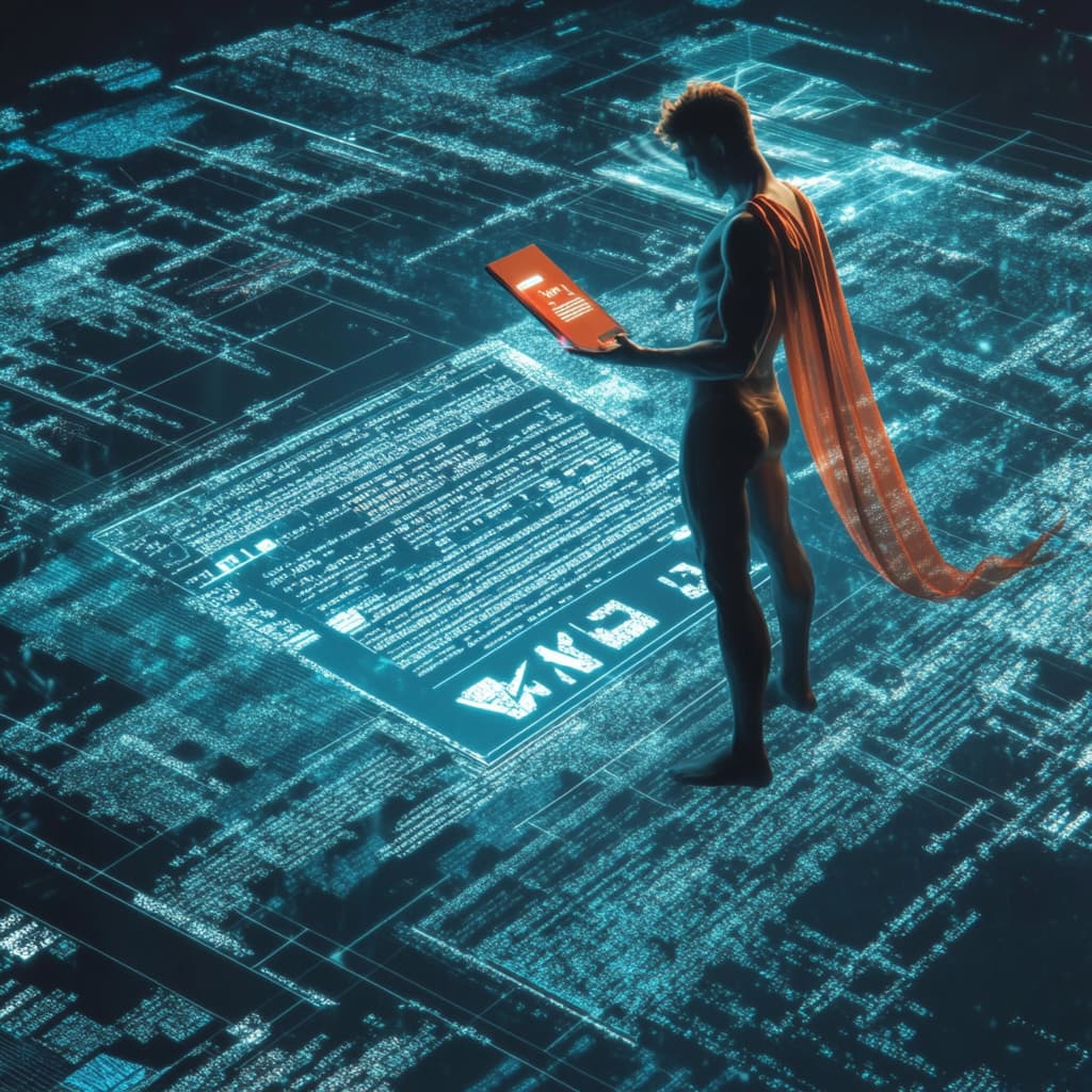 A superhero figure wielding a digital eraser, confronting and correcting errors that appear as glitchy pixels on a giant credit report hologram - AI generated