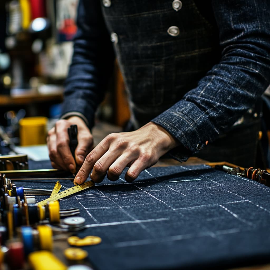 A tailor’s workshop where a person is measuring fabric and cutting it precisely to fit, symbolizing the personalized approach to habit formation. ai generated