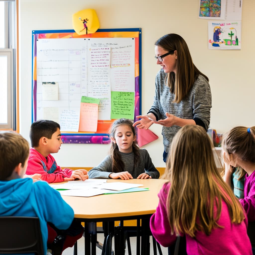 A teacher in a classroom setting, working with a group of students on a creative writing project. ai generated