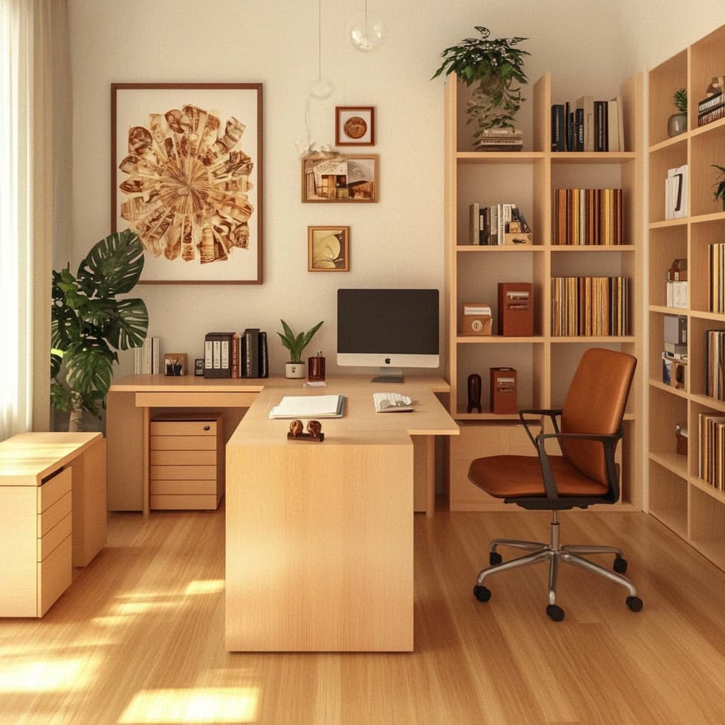 A tidy, contemporary home office with sleek furniture, well-organized desks, and clear surfaces. ai generated