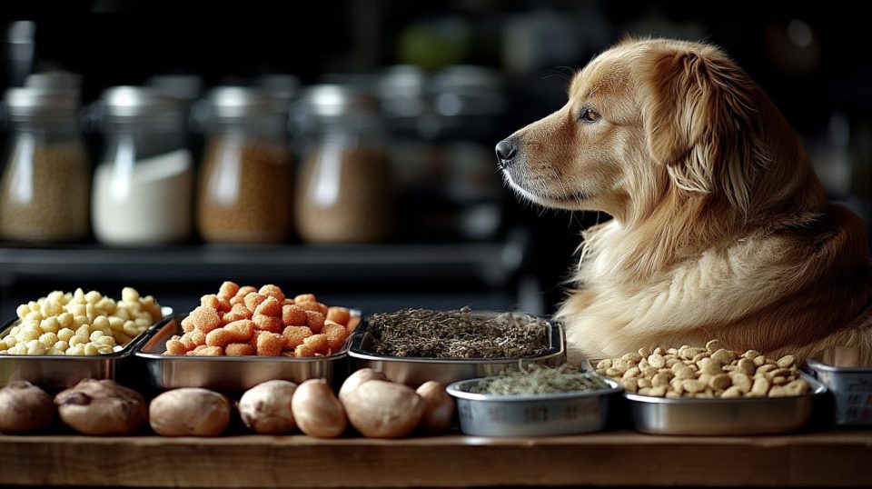 A tidy kitchen with separate feeding stations for a dog and a cat, complete with labeled bowls and toys. ai generated