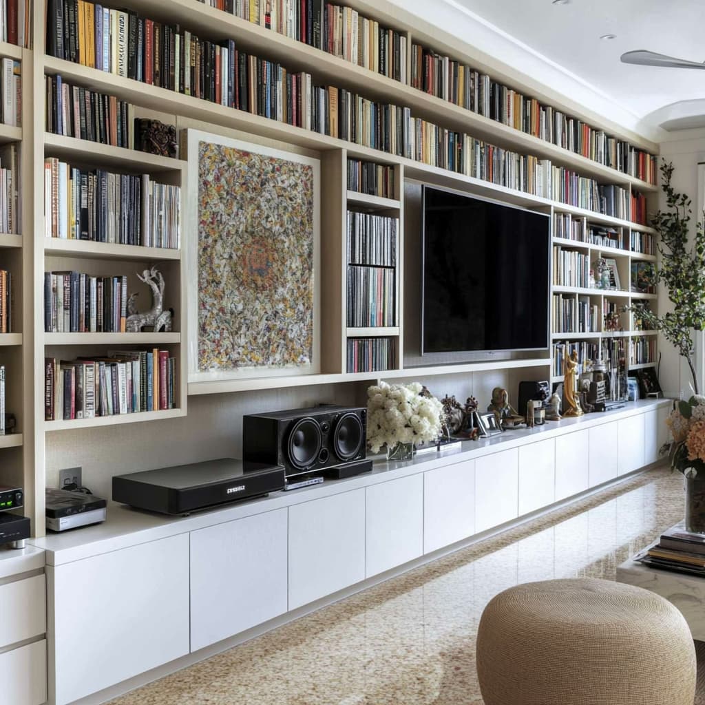 A tranquil living space with a large bookshelf neatly arranged with books and decor ai generated