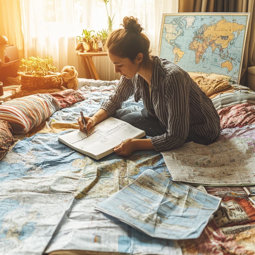 A traveler sitting in a bright, sunlit room surrounded by maps, journals, and souvenirs from past trips. ai generated for a travel Custom GPT