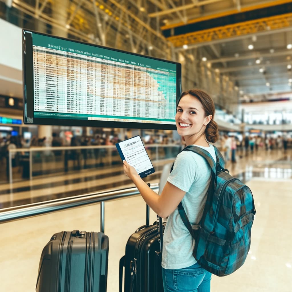 A traveler standing at an airport gate with a smile, holding their passport and a boarding pass. ai generated