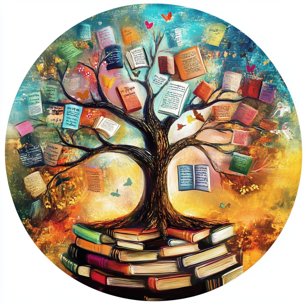 A tree growing over time, with each branch representing a new genre or author discovered through the GPT's learning process. The tree symbolizes the evolving nature of personalized recommendations. ai generated