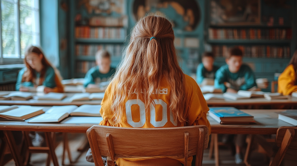 A university library scene where a student sits at a large table surrounded by open books and study tools. ai generated