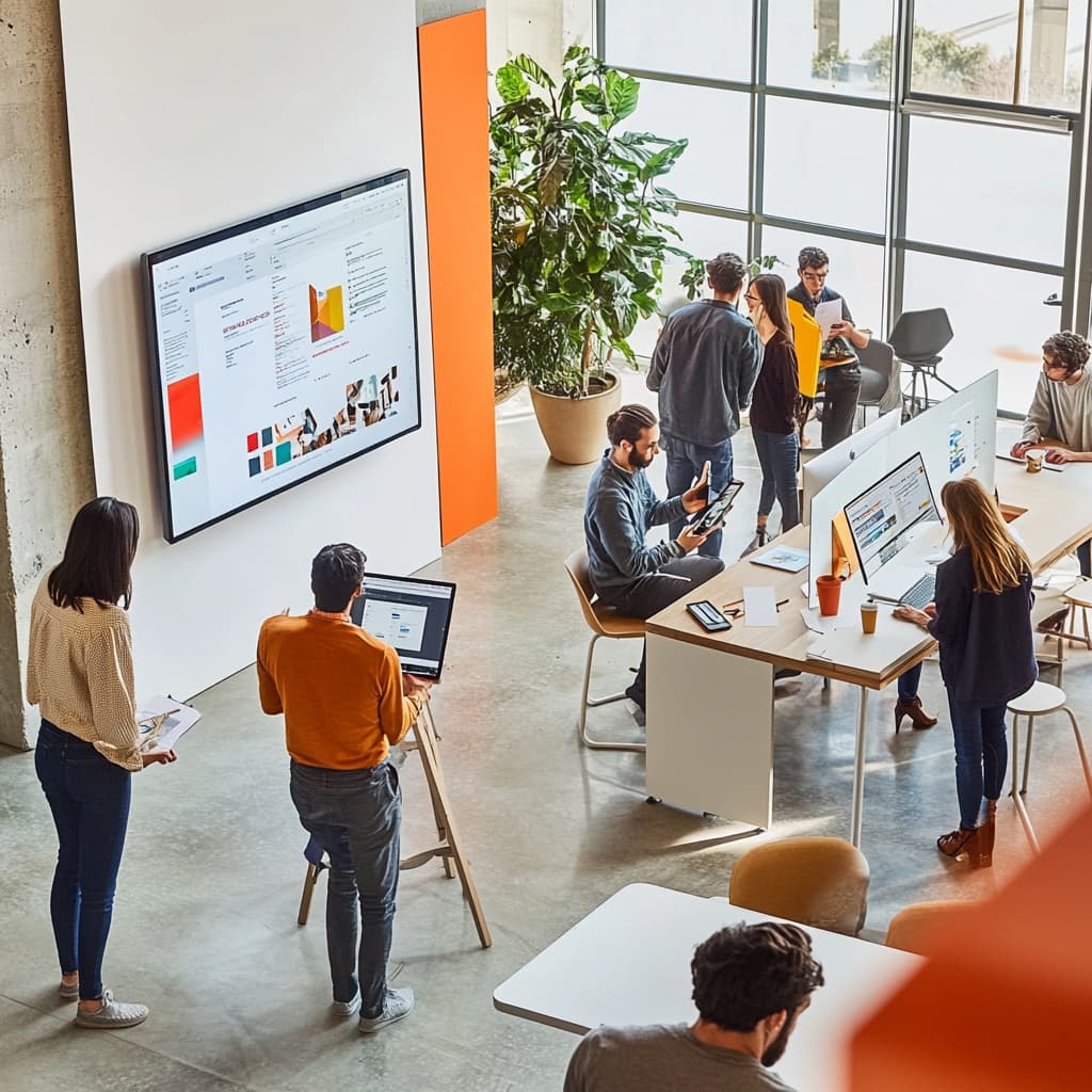 A vibrant, modern workspace with multiple activity zones. ai generated