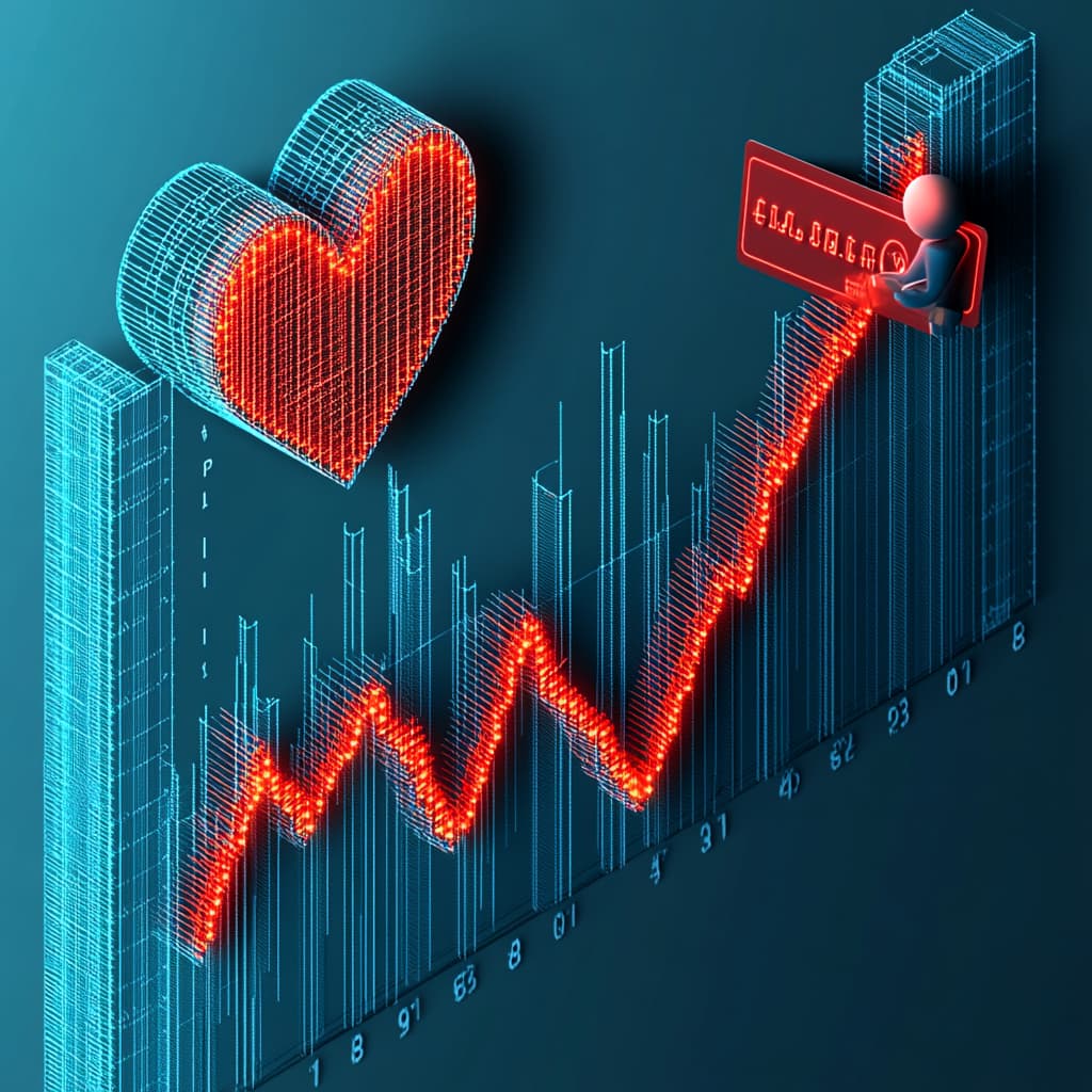 A vibrant, upward-trending graph shaped like a heart, with a glowing credit card and dollar signs rising along the curve. A friendly AI assistant stands beside it, offering a helping hand - AI generated