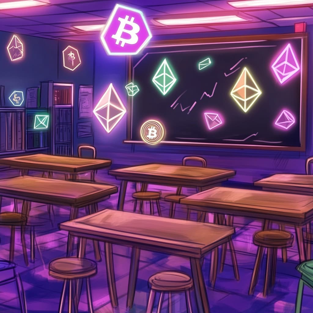 A virtual classroom setting with cryptocurrency symbols floating around, featuring a digital blackboard displaying trading concepts and strategies