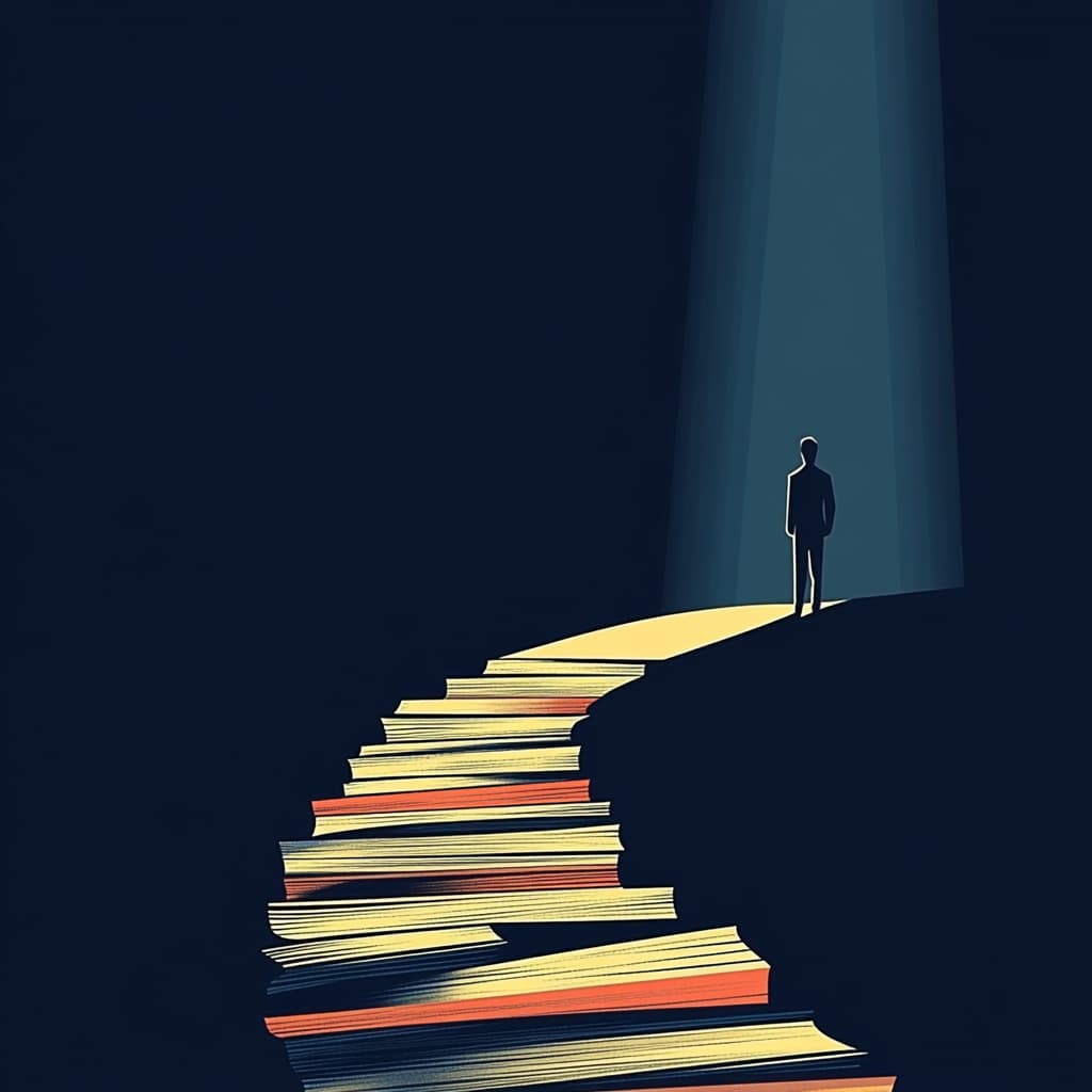 A visual representation of a reader’s emotional journey, with books lined up to form a path leading to a happy, satisfied reader, highlighting how the GPT transforms the reading experience. ai generated
