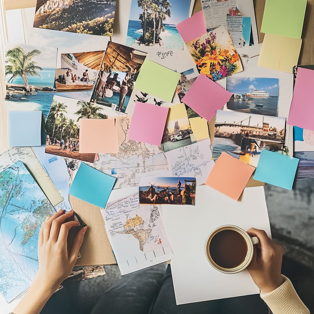 A visually appealing board filled with colorful sticky notes, travel photos. ai generated