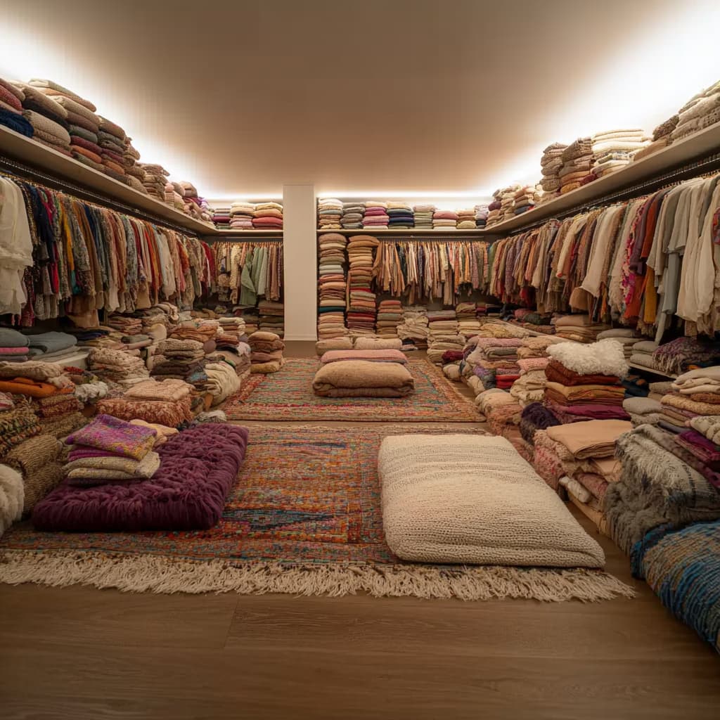 A walk-in closet filled with various 'meditation outfits', each representing a different technique or practice, with a person mix-and-matching pieces. ai generated
