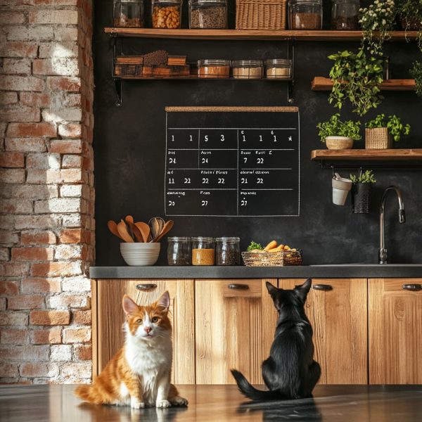A wall calendar or chalkboard in a kitchen with pet care tasks written out feeding times, walking, grooming, and playtime. ai generated
