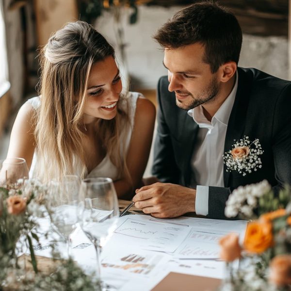 A wedding planner sitting with a couple, showing them a list of wedding expenses. ai generated