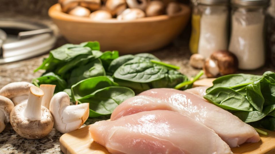A well-organized kitchen scene with ingredients like chicken, spinach, and mushrooms arranged on a countertop. ai generated