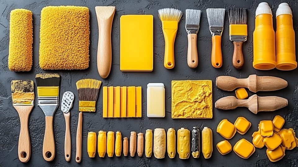 A well-organized table with a DIY project planner open to visually organized sections for supplies. ai generated