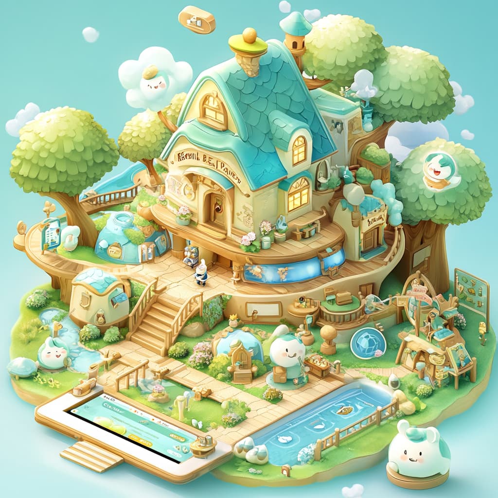 A whimsical 'Real Estate Theme Park' entrance, designed like a tablet interface. Ai generated