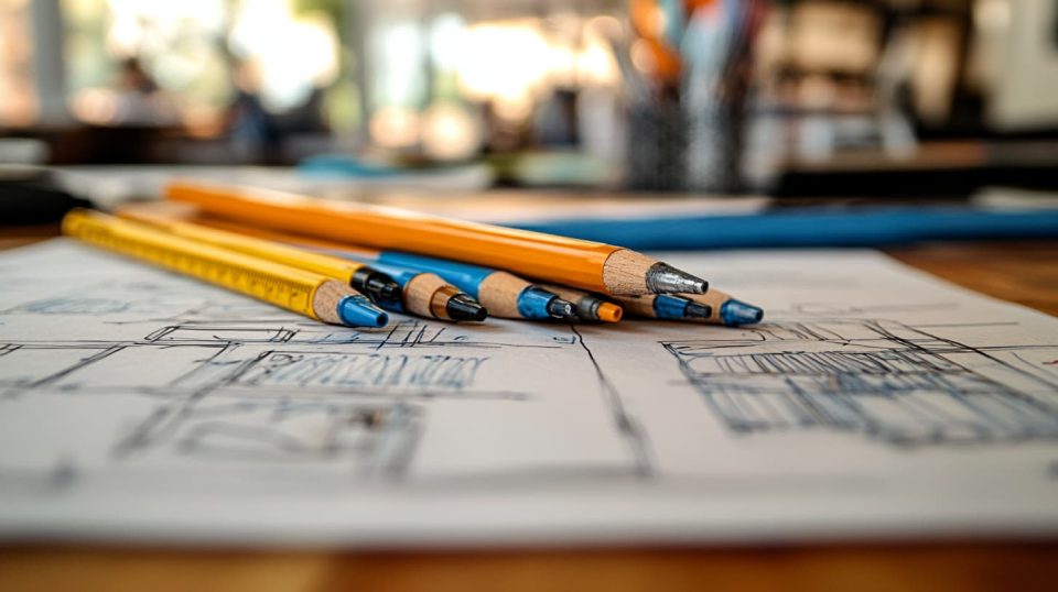 A workspace featuring sketches of slides on paper