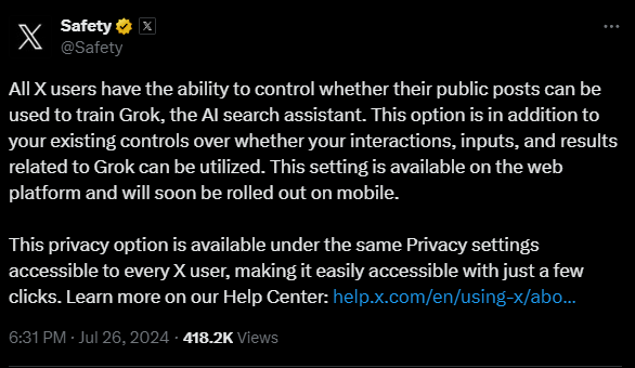 Ai grok, a screenshot from twitter/x