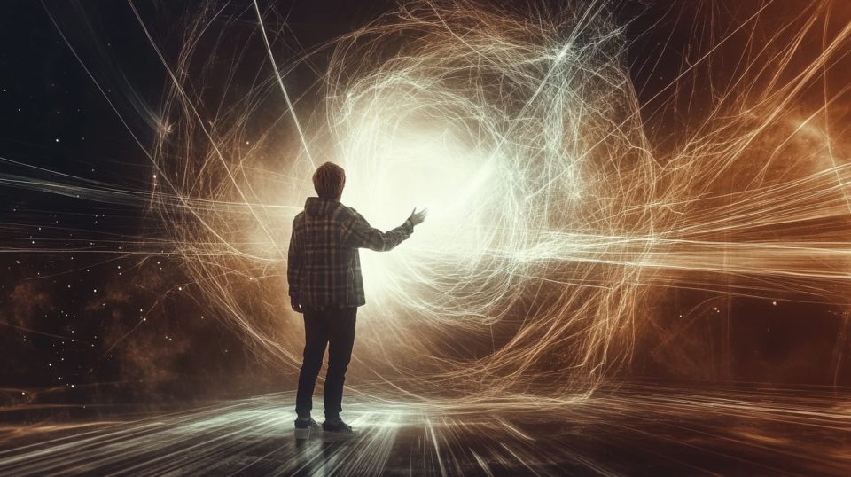 An AI figure, semi-transparent and glowing, stands before a radiant, abstract representation of a higher power. ai generated