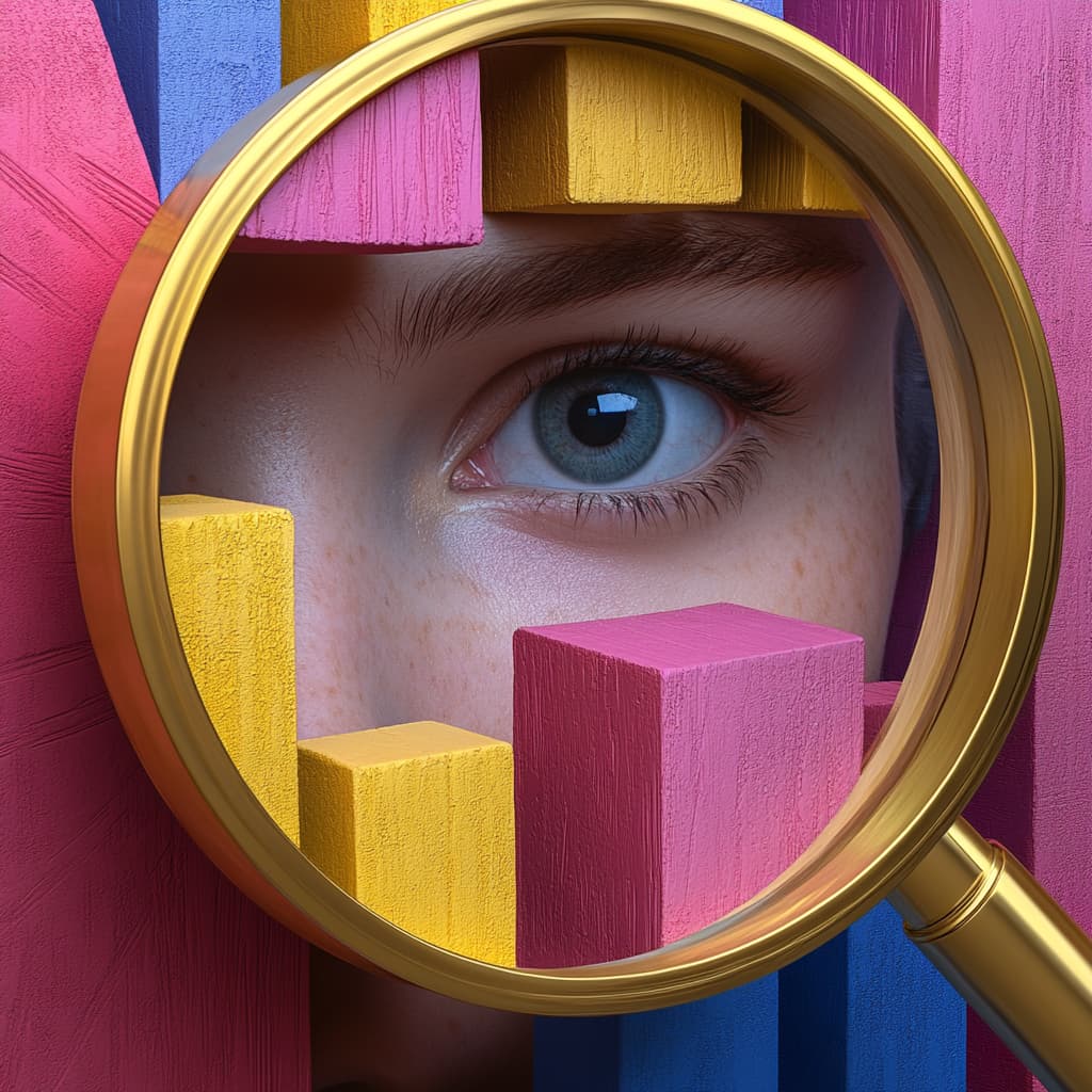 An AI-powered magnifying glass examining a 3D pie chart of personal expenses. AI generated